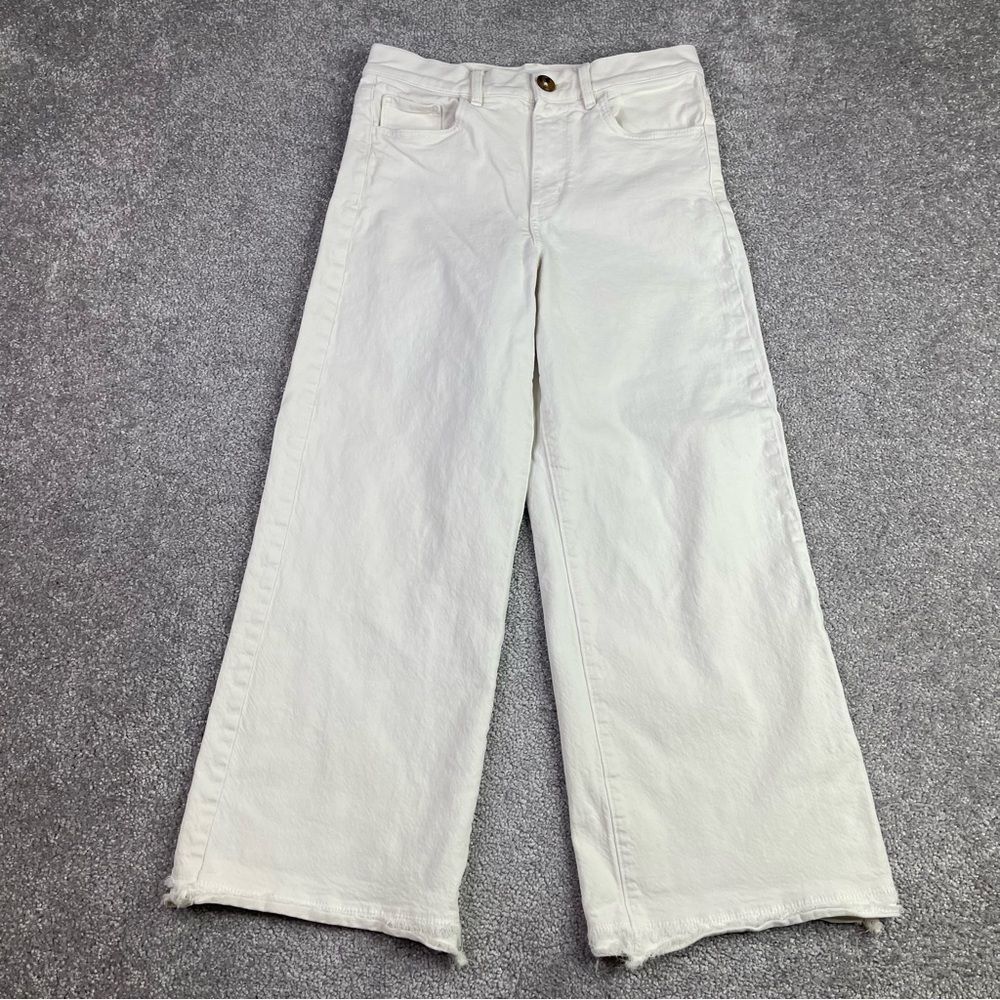 Loft Jeans Women's 24 Cream Wide Leg Crop Mid-Rise Frayed Hem Summer